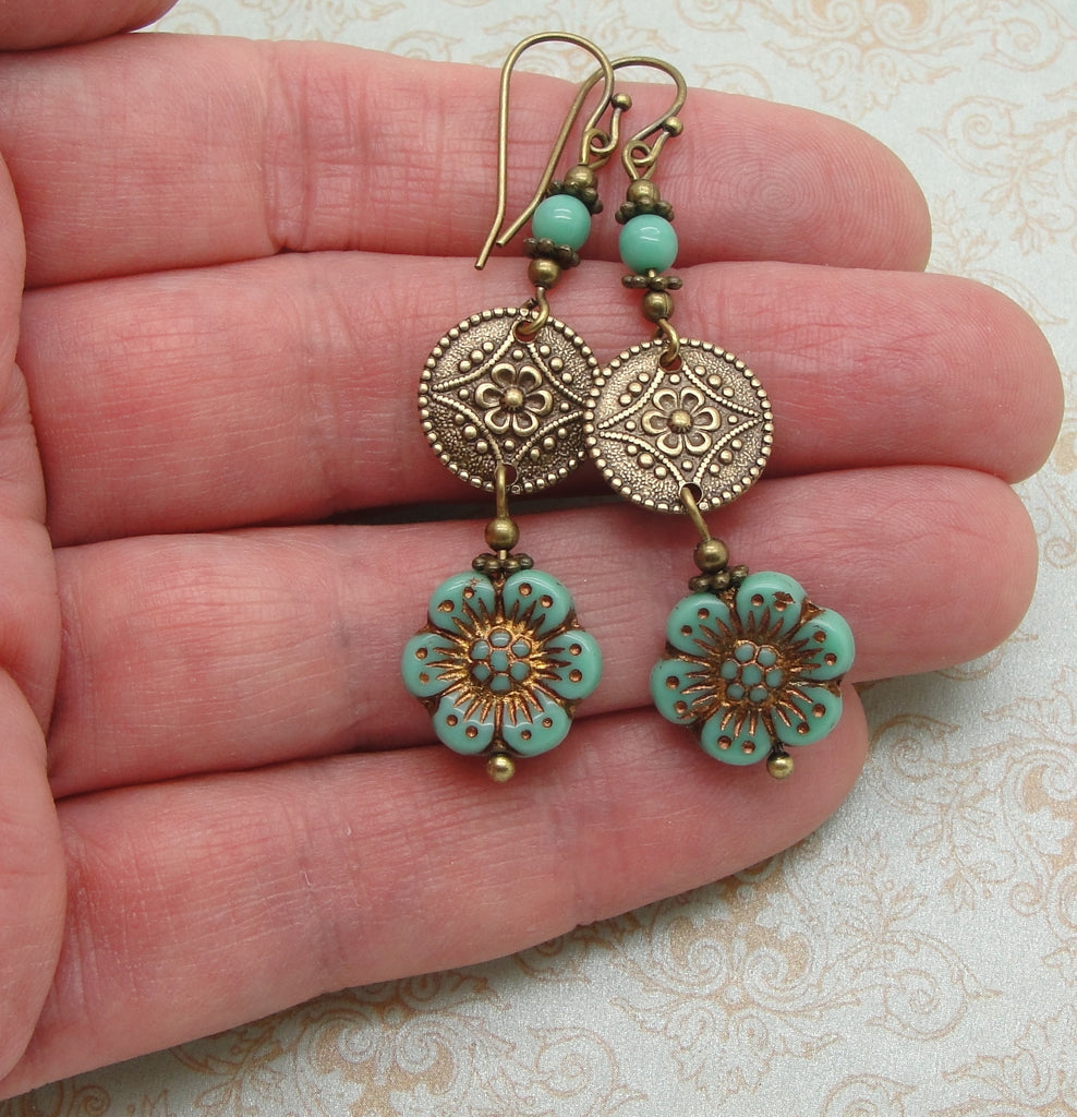 Wild Rose Flower Earrings in Turquoise Glass and Antiqued Brass hand