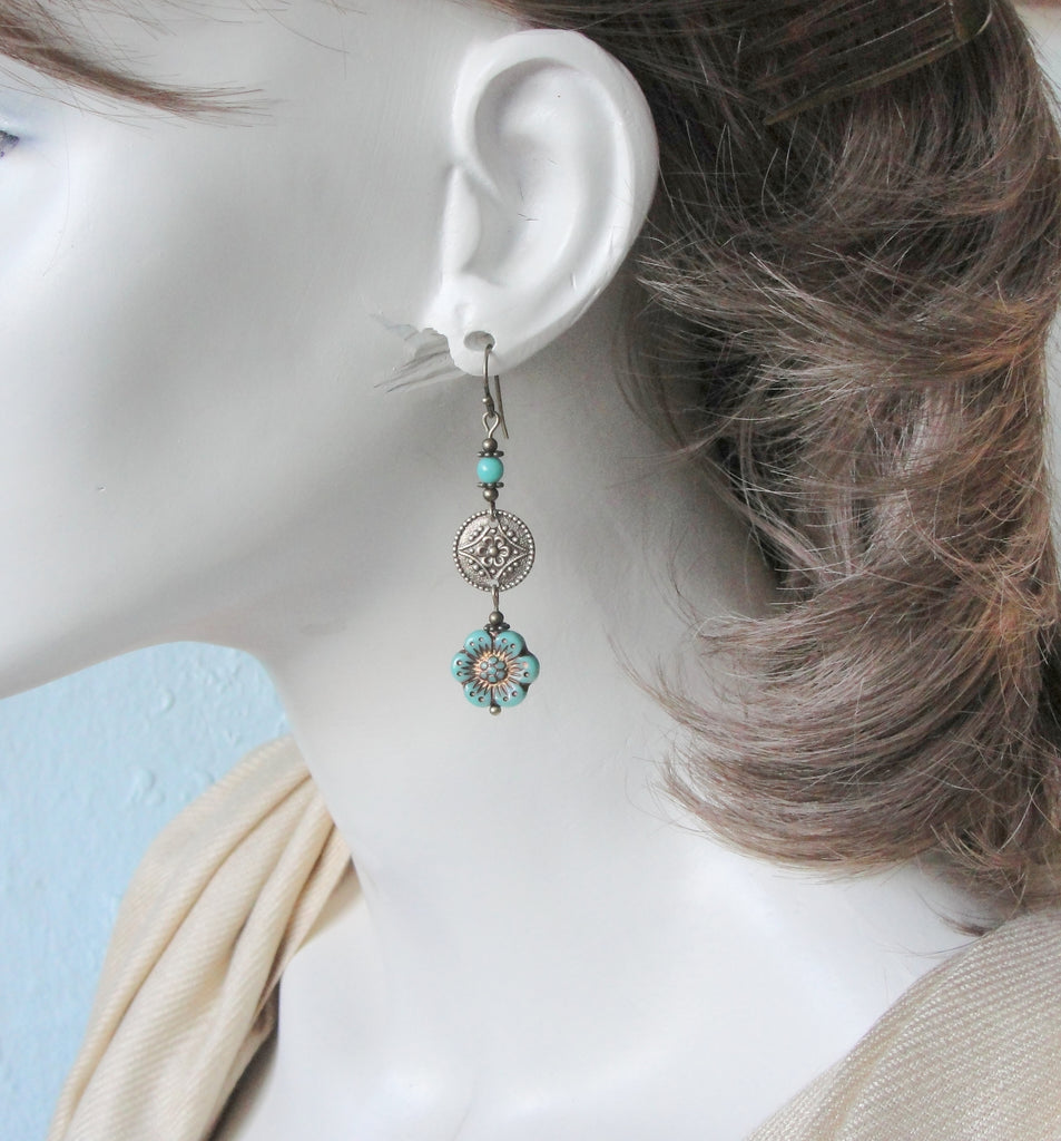 Wild Rose Flower Earrings in Turquoise Glass and Antiqued Brass on
