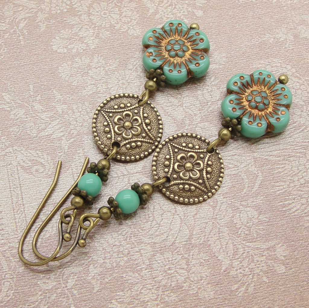 Wild Rose Flower Earrings in Turquoise Glass and Antiqued Brass up