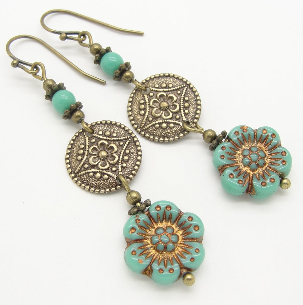 Wild Rose Flower Earrings in Turquoise Glass and Antiqued Brass