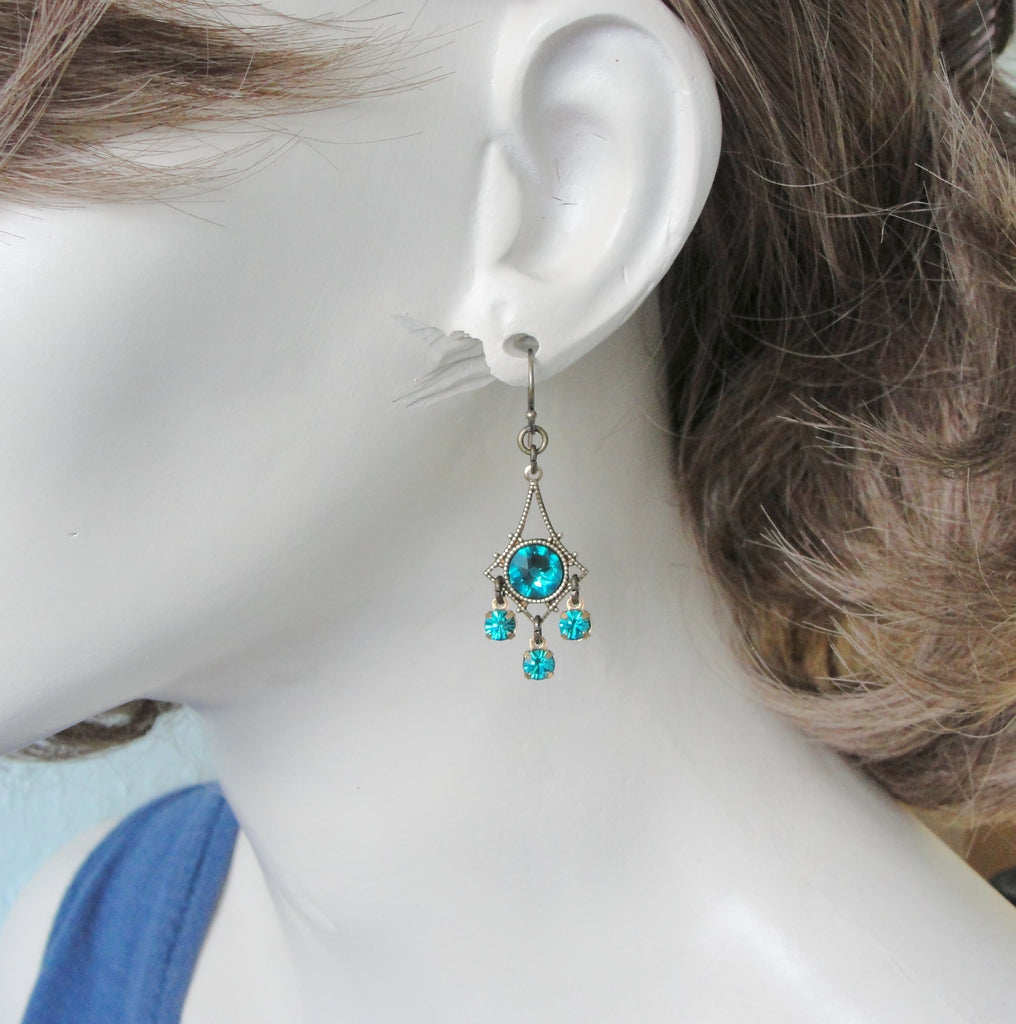 victorian chandelier earrings in  blue zircon Swarovski crystal on