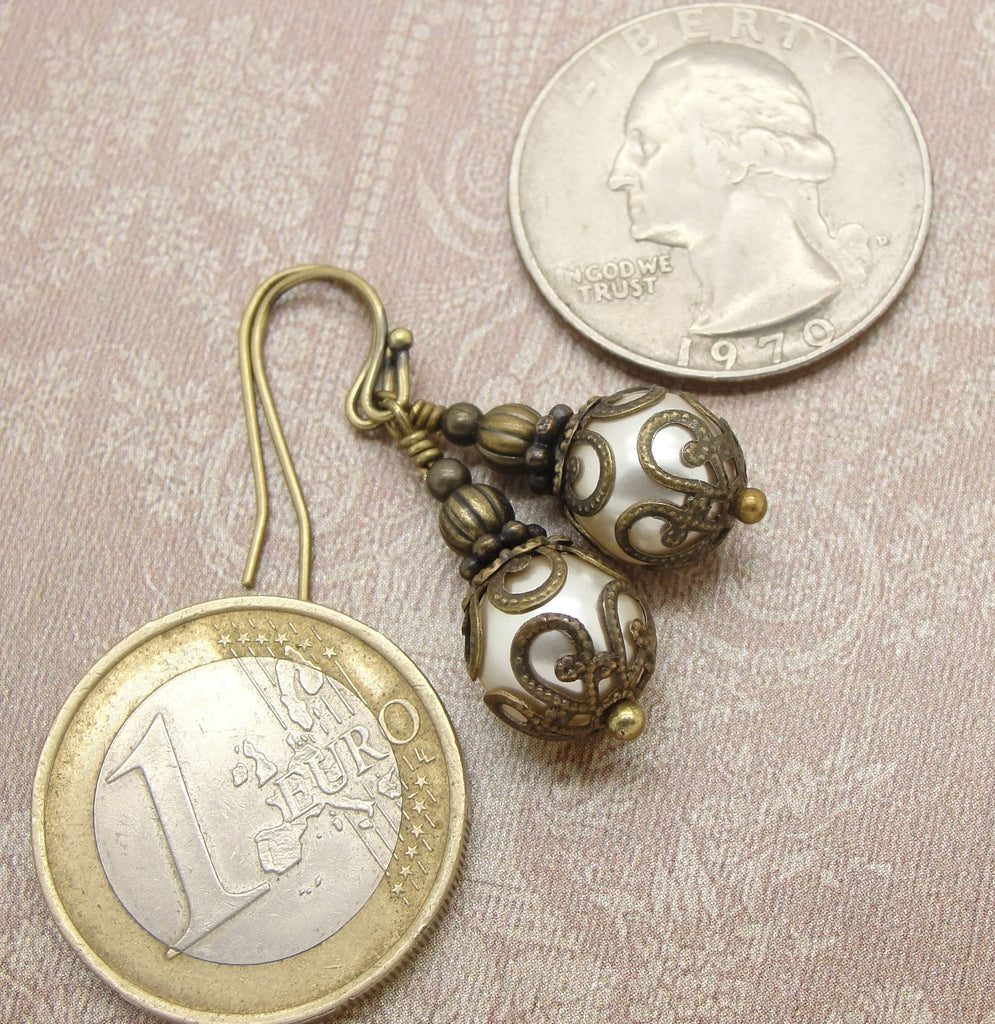 Victorian Earrings with Cream Swarovski Pearls in an Art Nouveau Style by Cloud Cap Jewelry