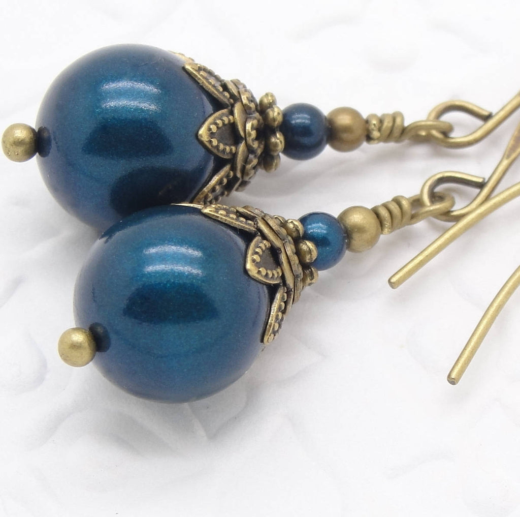Victorian Jewelry Dangle Earrings with Petrol Blue Swarovski Pearls by Cloud Cap Jewelry