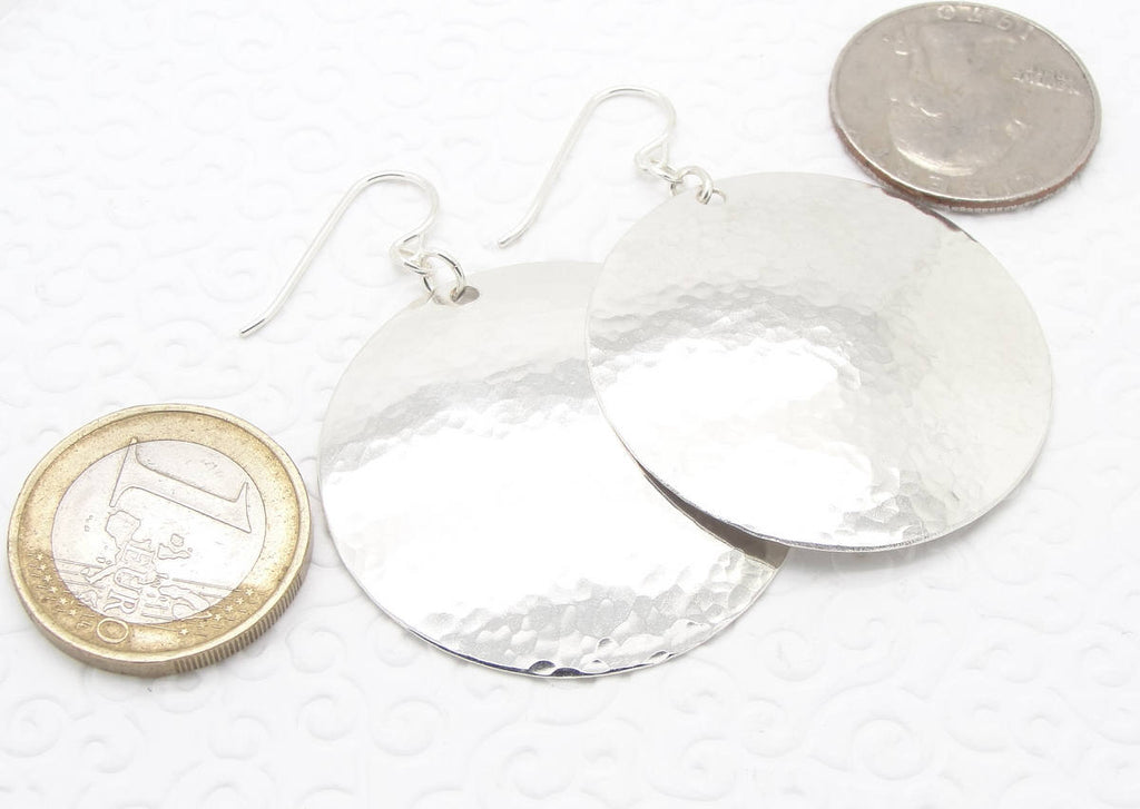 Large 1 1/2 Inch Disc Earrings in Hammered Sterling Silver by Cloud Cap Jewelry coins