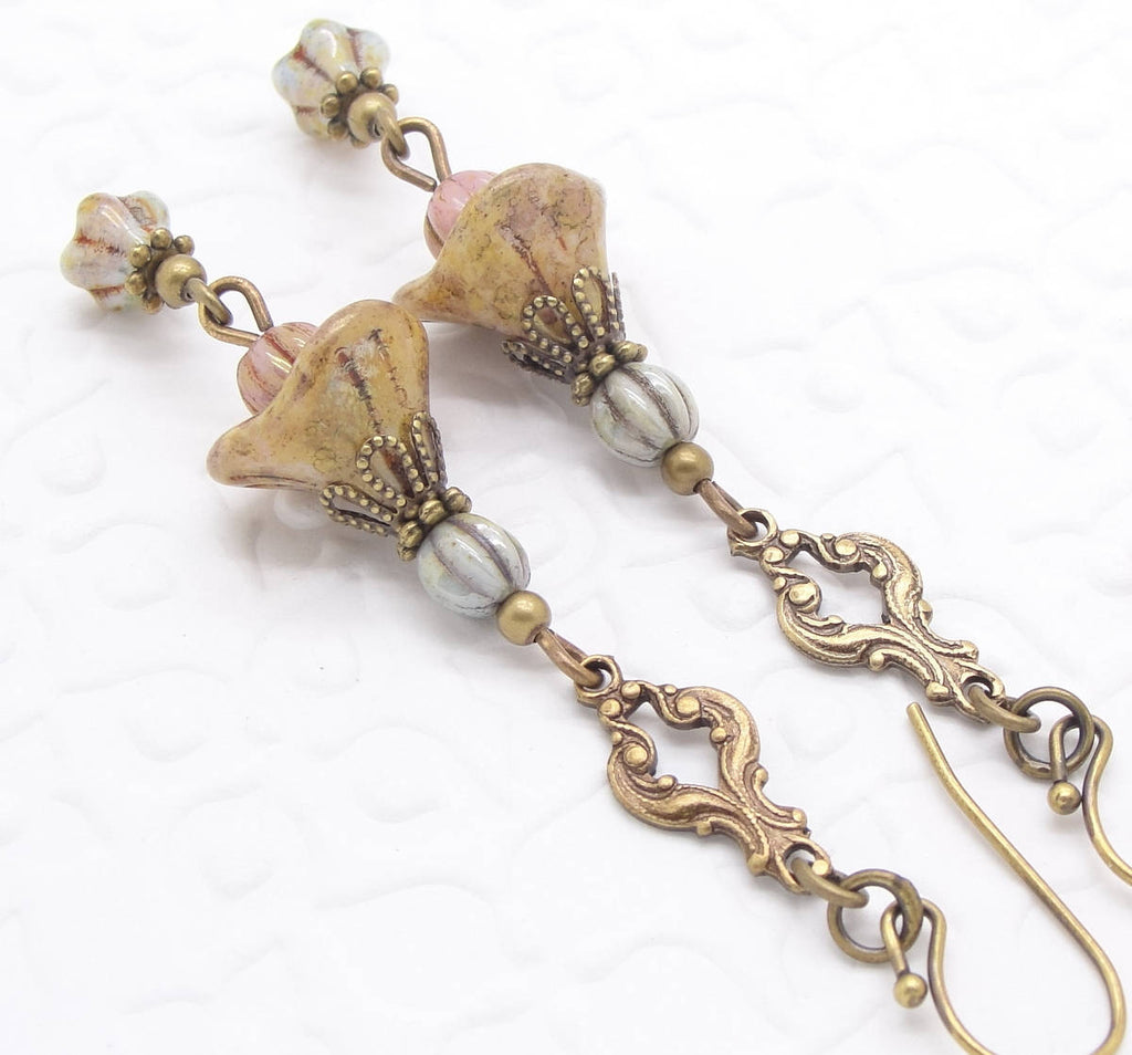 Long Boho Earrings with Rustic Flower Dangles in Aged Pink Tan and Blue Green Glass
