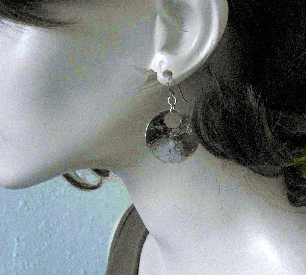 Medium Hammered Sterling Silver Earrings with Peephole in 1 Inch Round Disc in Solid 925 on