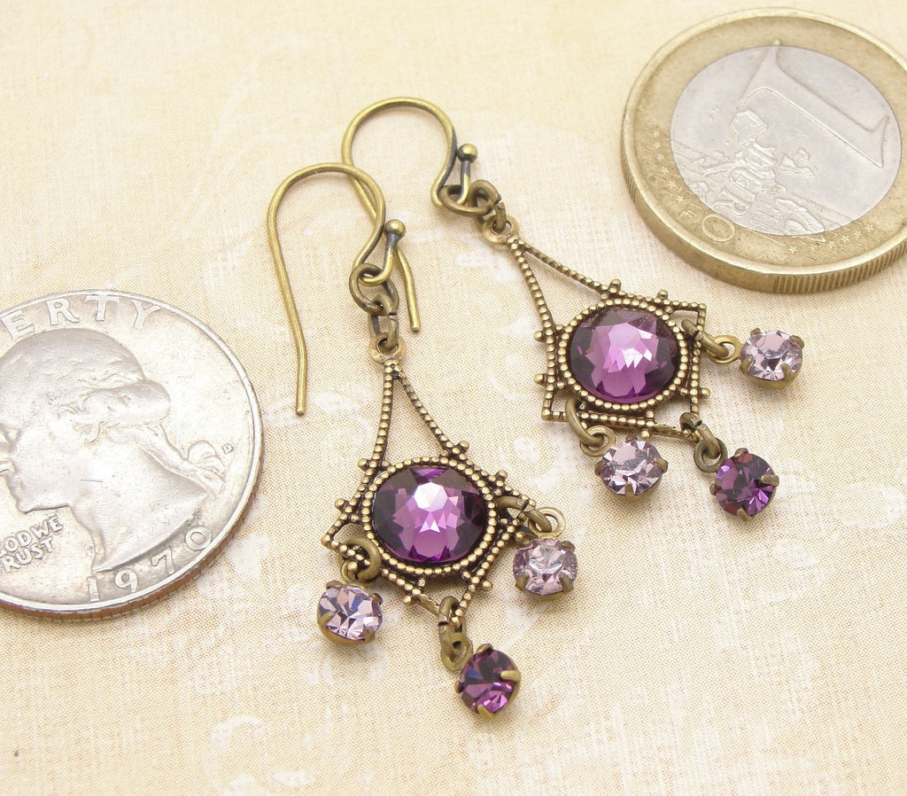 Purple Dangle Earrings in a Small Chandelier Style with Amethyst Swarovski Rhinestones coins