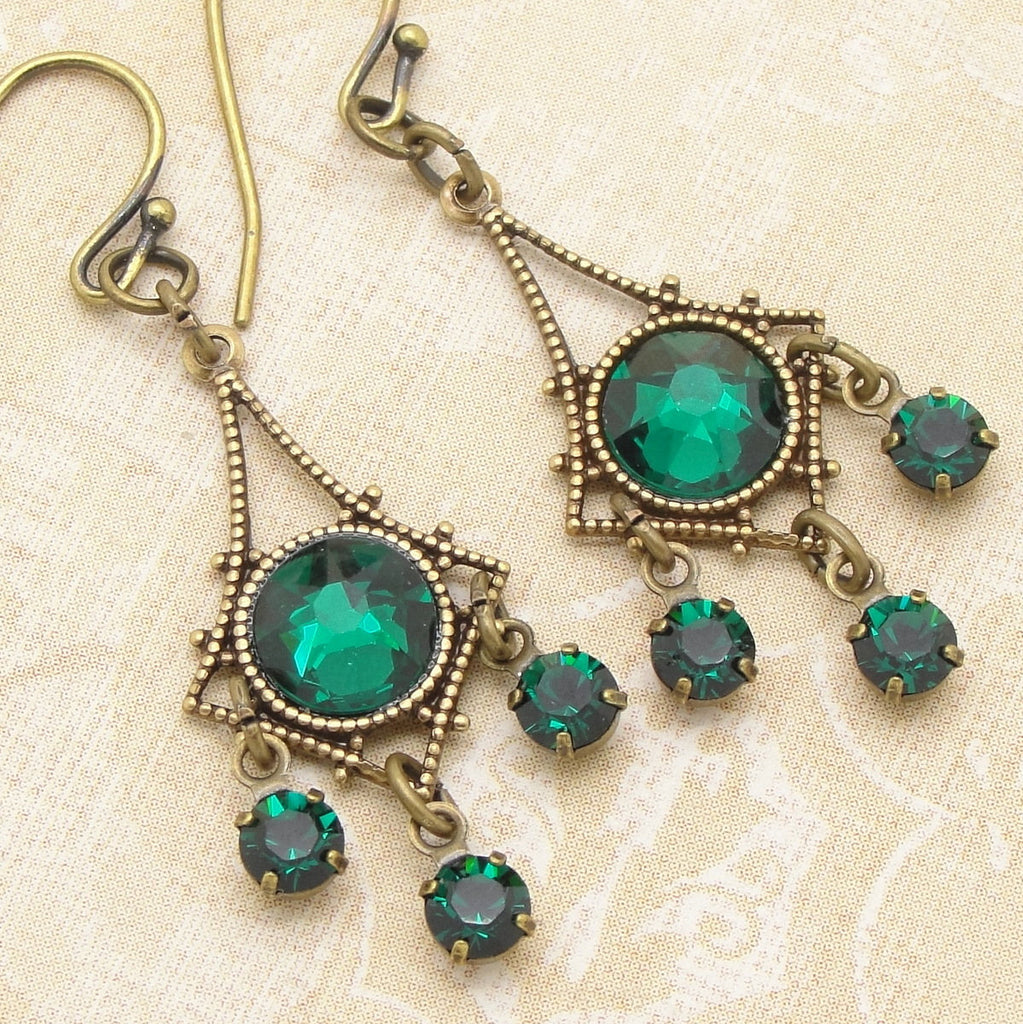 Small Chandelier Earrings with Emerald Green Swarovski Crystal Rhinestones close