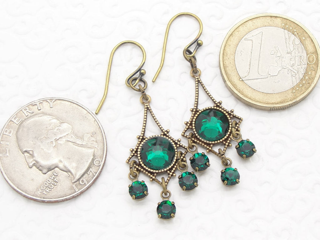 Small Chandelier Earrings with Emerald Green Swarovski Crystal Rhinestones coins