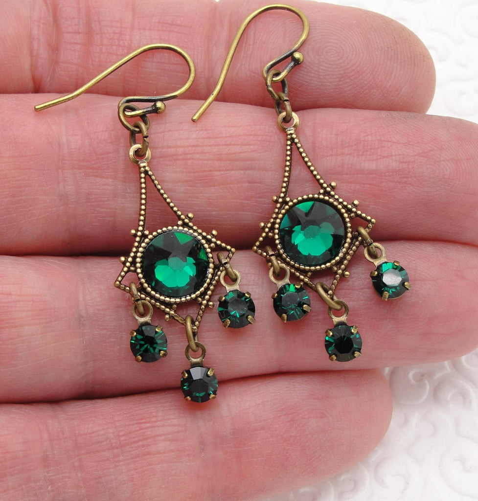 Small Chandelier Earrings with Emerald Green Swarovski Crystal Rhinestones hand