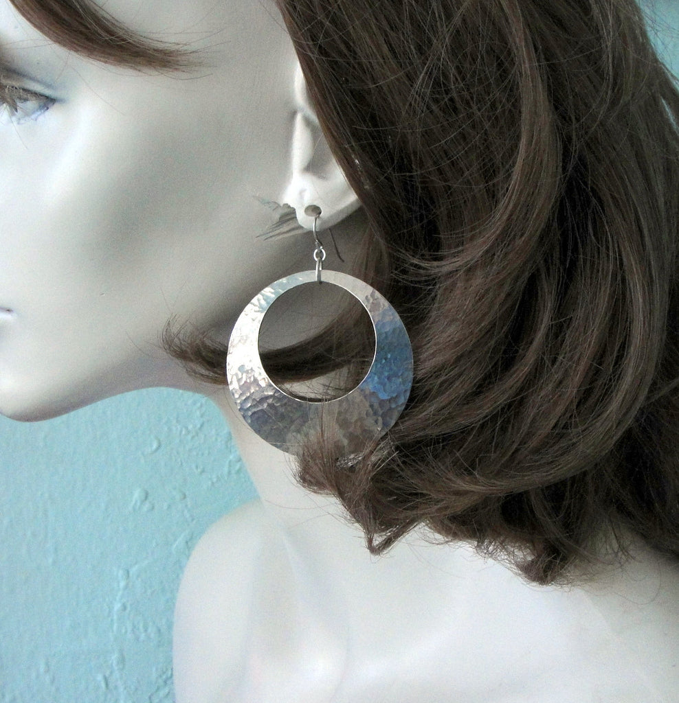Extra Large Peephole Earrings in Hammered Sterling Silver Discs in 2 Inch Diameter Size on
