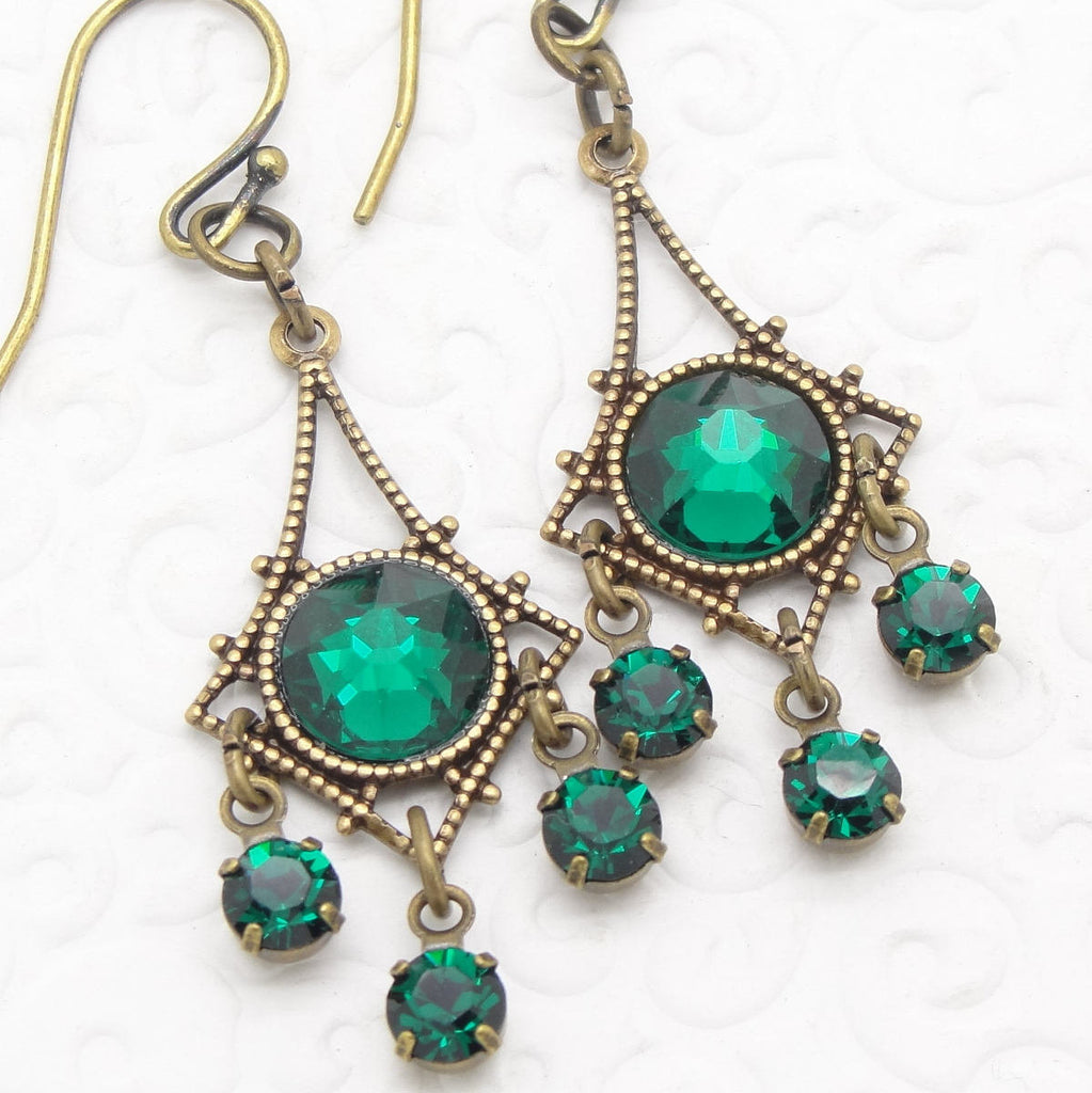 Small Chandelier Earrings with Emerald Green Swarovski Crystal Rhinestones