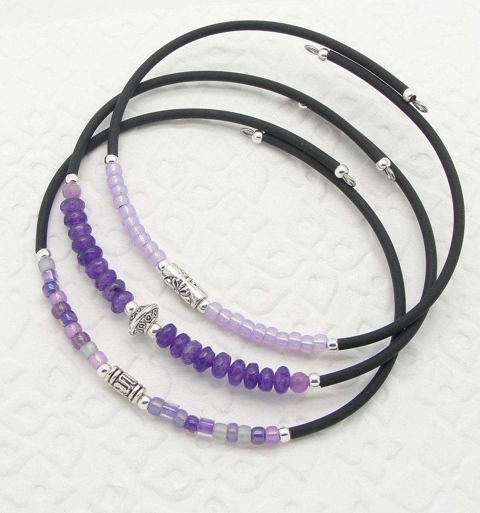 Memory Wire Bracelets with Ultra Violet Purple Dyed Stone and Glass Seed Beads 