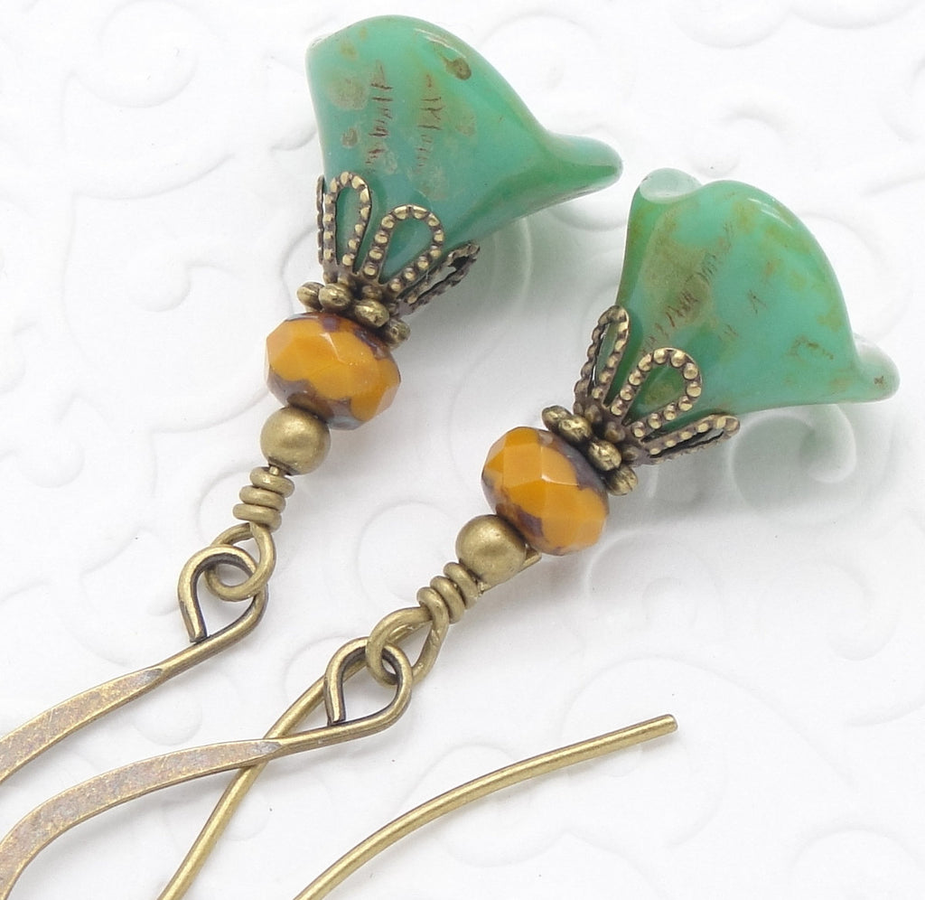 Small Bohemian Earrings in Sulphur Yellow and Turquoise Blue Glass Flowers by Cloud Cap Jewelry