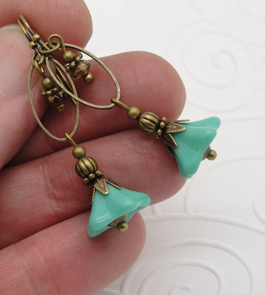 boho chic earrings with turquoise flowers hand