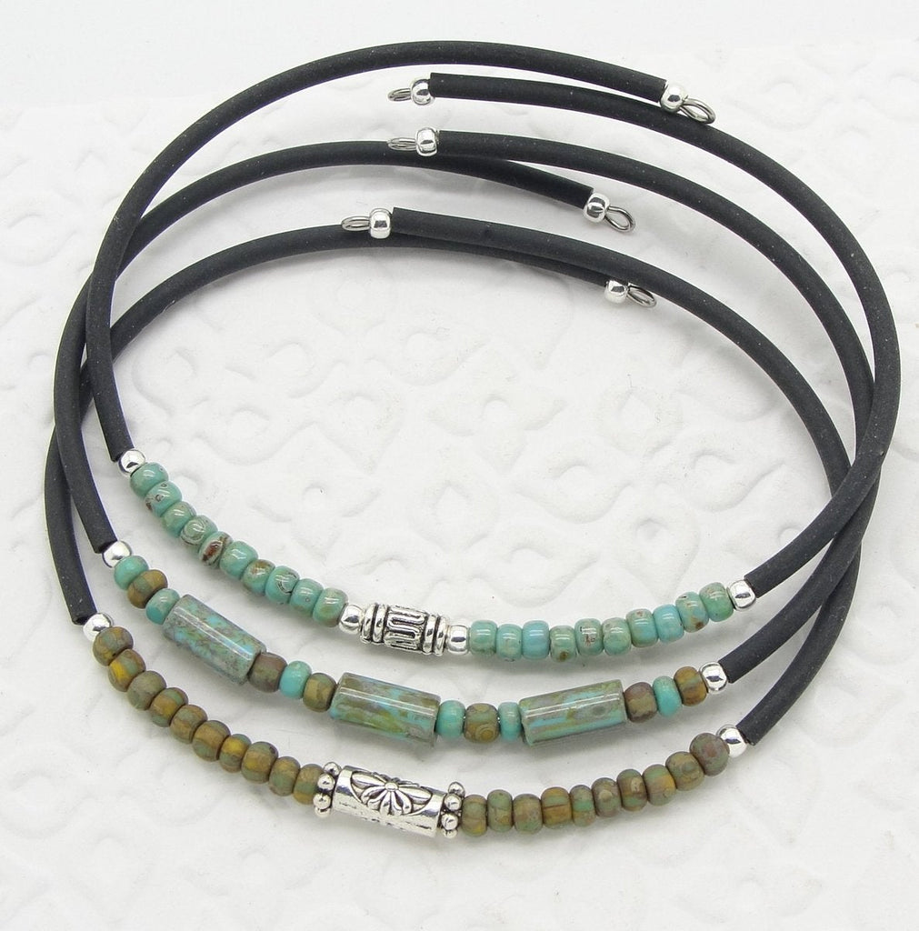 Boho Bracelet Stack with Turquoise Blue and Olive Green Seed Beads and Memory Wire set