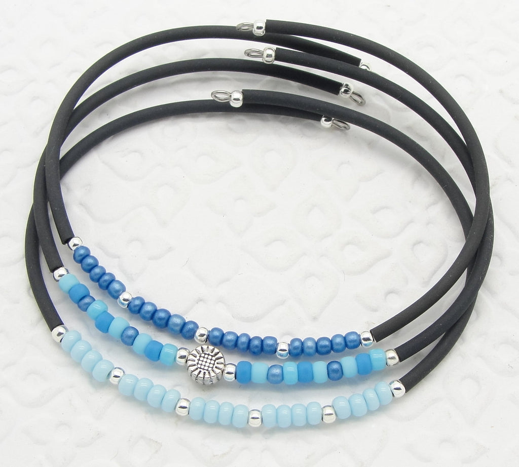 Bohemian Bracelets with True Blue Seed Beads and Memory Wire set