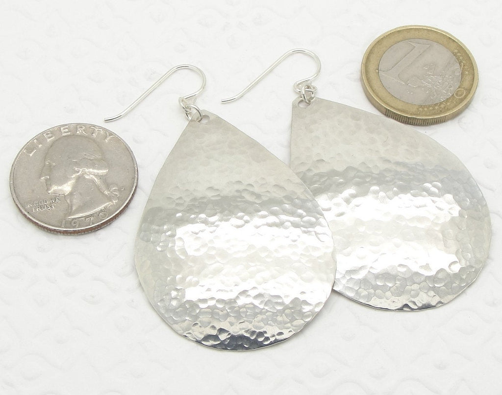 Extra Large Sterling Silver 2 Inch Teardrop Earrings in Hammered Finish in a Big, Bold Size by Cloud Cap Jewelry with coins
