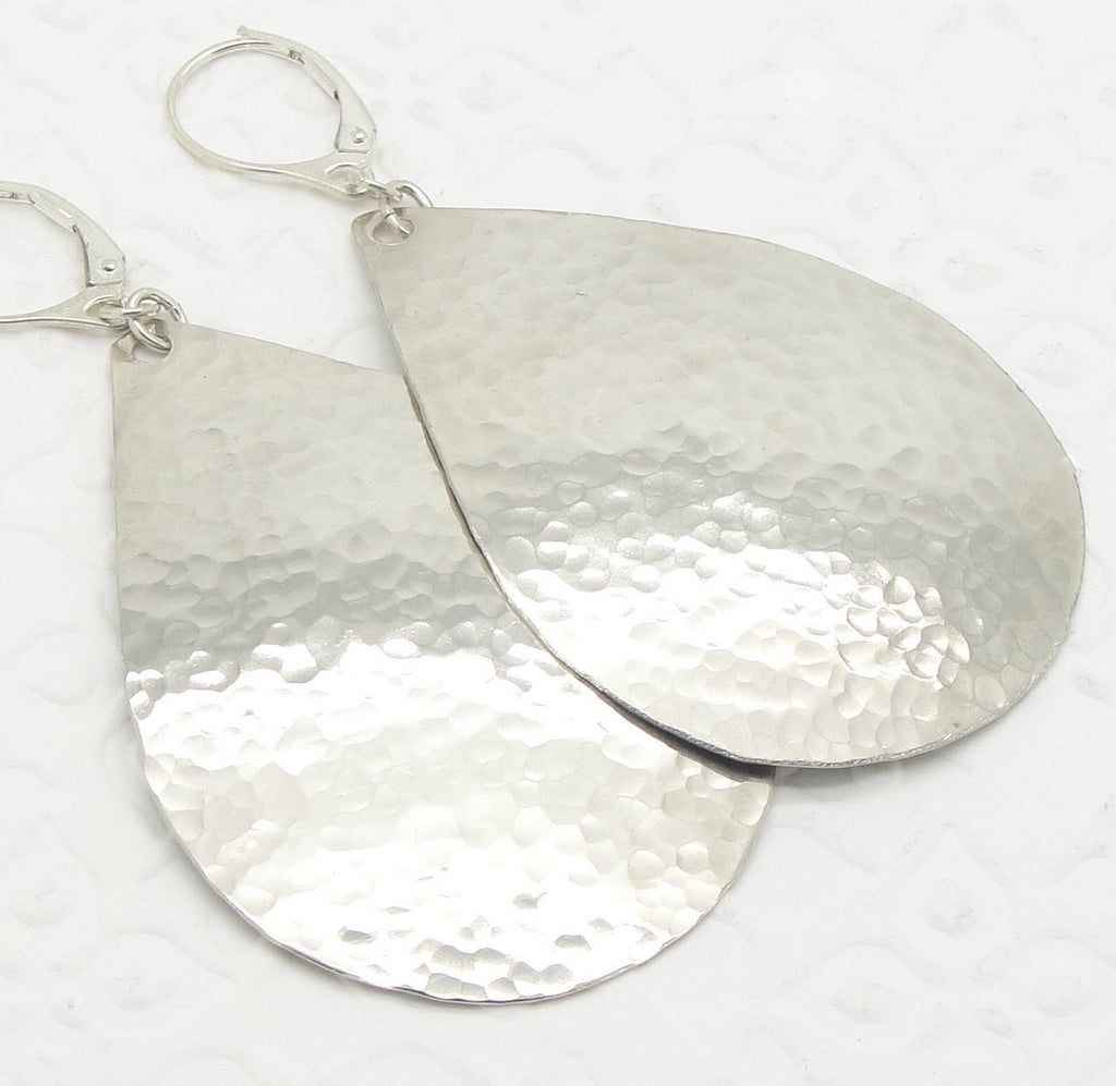 Extra Large Sterling Silver 2 Inch Teardrop Earrings in Hammered Finish in a Big, Bold Size by Cloud Cap Jewelry with leverbacks