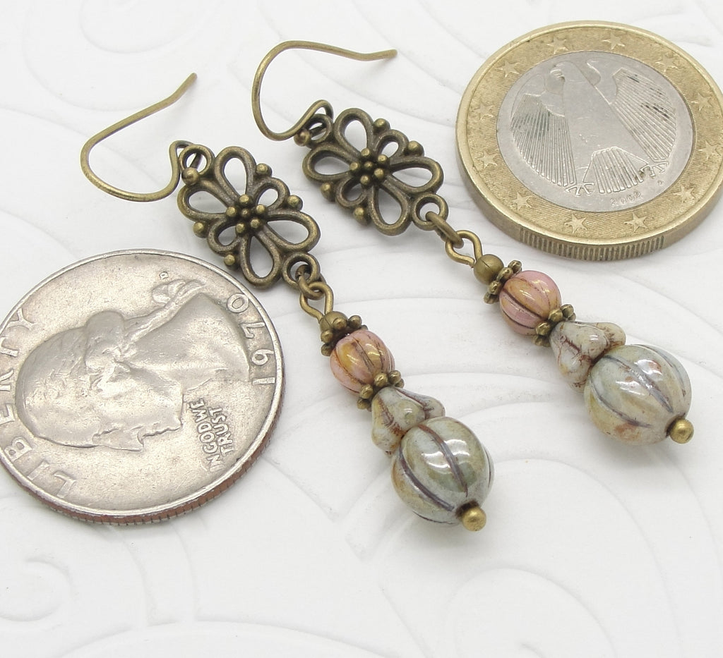 Long Rustic Boho Earrings in Pink, Green and Cream with Brass Connector by Cloud Cap Jewelry