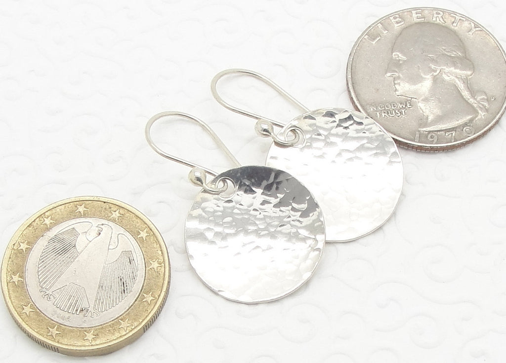 Small 3/4 Inch Disc Earrings in Hammered Sterling Silver that are Slightly Dish or Bowl Shaped  coinsdish shaped sterling silver earrings 3/4 " size with coins