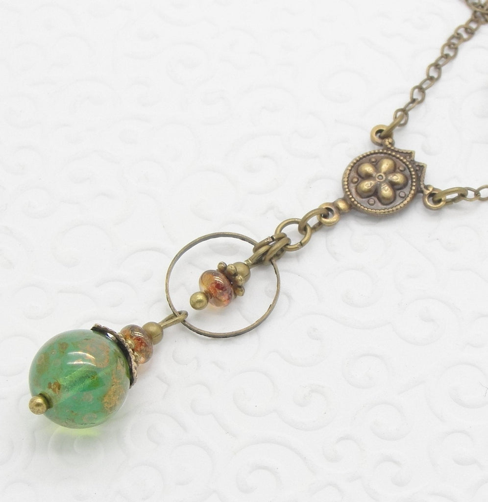 Marbled Green Necklace in Antiqued Brass and Czech Glass Beads