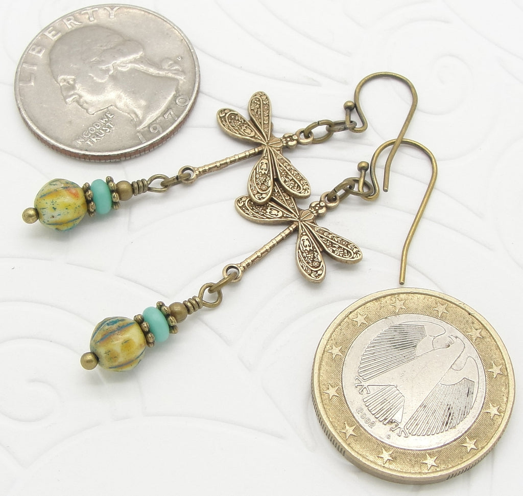 Turquoise Blue Dragonfly Earrings with Rustic and Earthy Glass Beads in Antiqued Brass coins