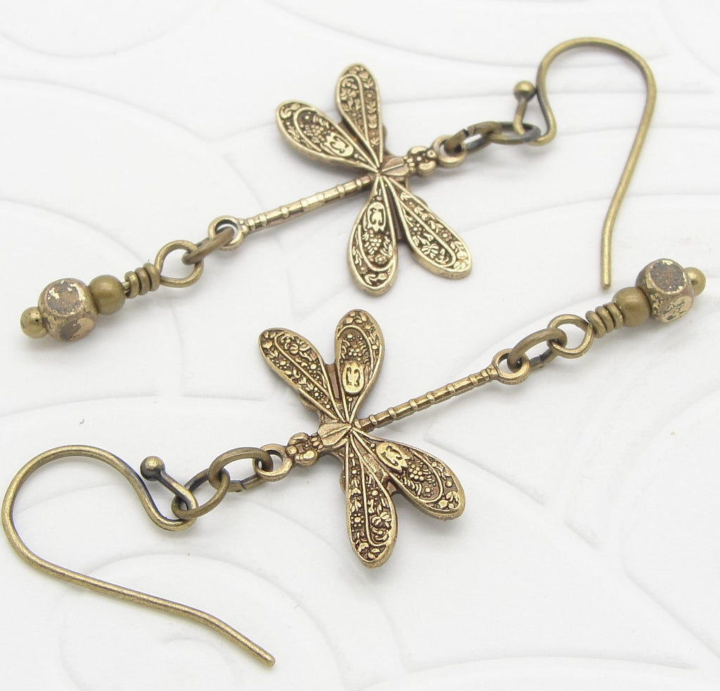 Small Victorian Dragonfly Earrings with Art Nouveau Style Charms