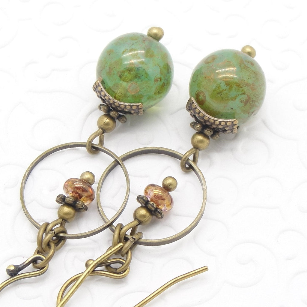 Marbled Green Dangle Earrings in the Boho Jewelry Style by Cloud Cap Jewelry