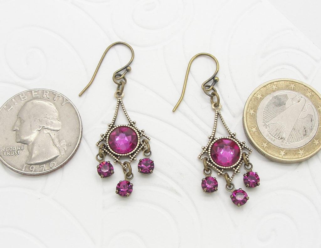 Little Chandelier Earrings with Rose Pink Swarovski Crystal Rhinestones coins