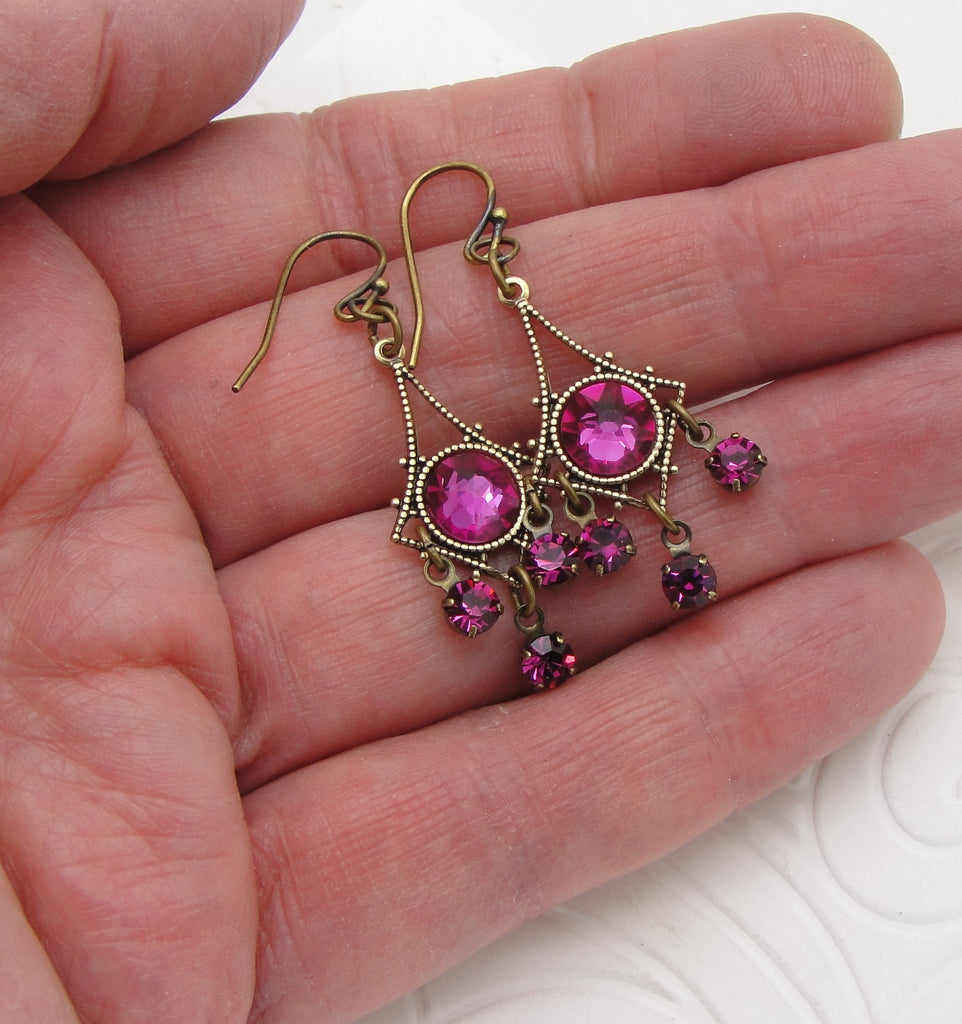 Little Chandelier Earrings with Rose Pink Swarovski Crystal Rhinestones hand