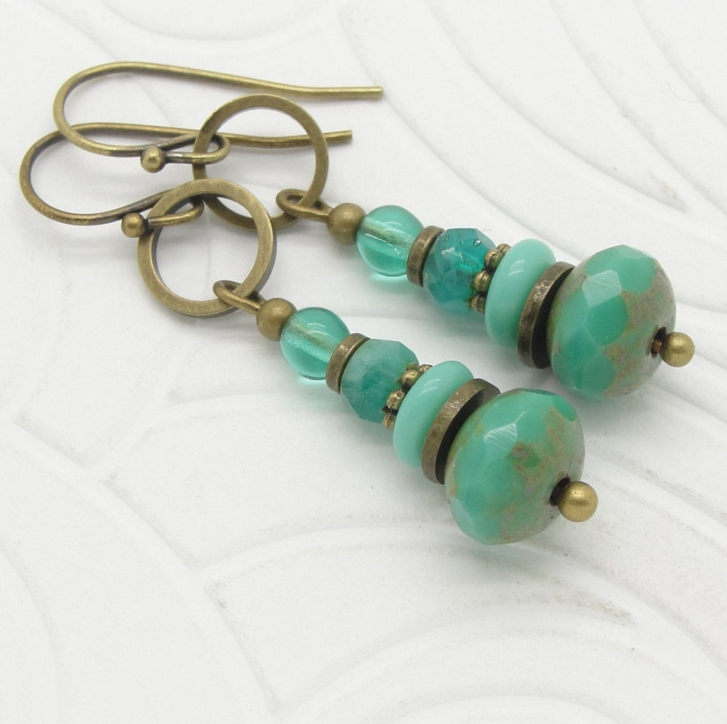 Boho Earrings in Zen Style with Stacked Turquoise Blue Glass Disc Beads