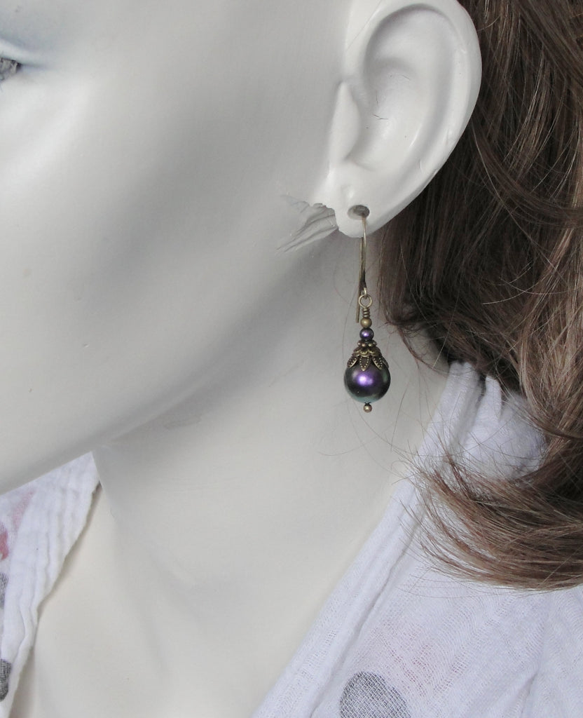 Neo Victorian Style Earrings with Iridescent Purple Swarovski Pearls on model