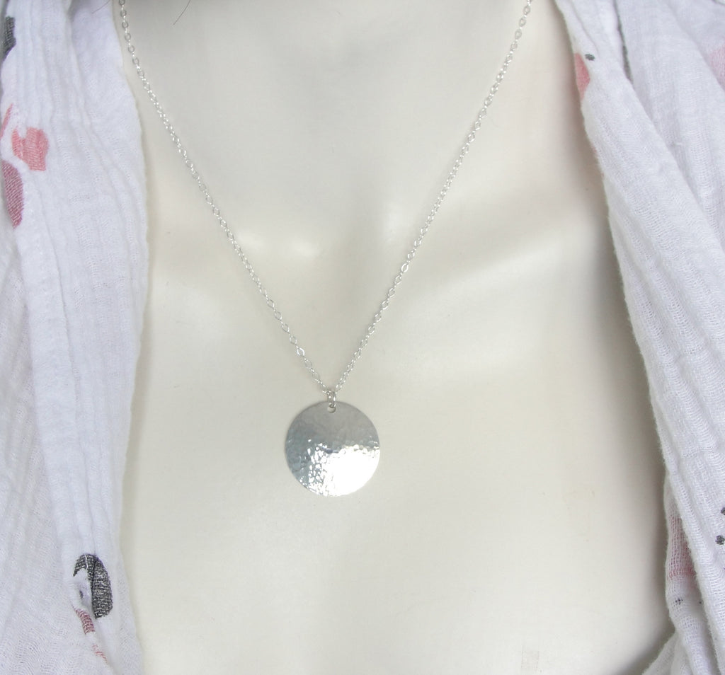 Medium Sterling Silver Hammered Disc Necklace with 1 Inch Disk and Cable Chain in Choice of Length in 925 on