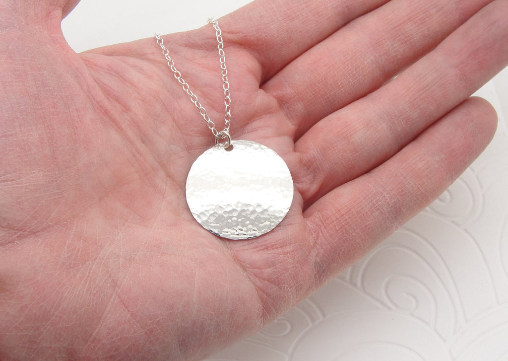 Medium Sterling Silver Hammered Disc Necklace with 1 Inch Disk and Cable Chain in Choice of Length in 925 hand