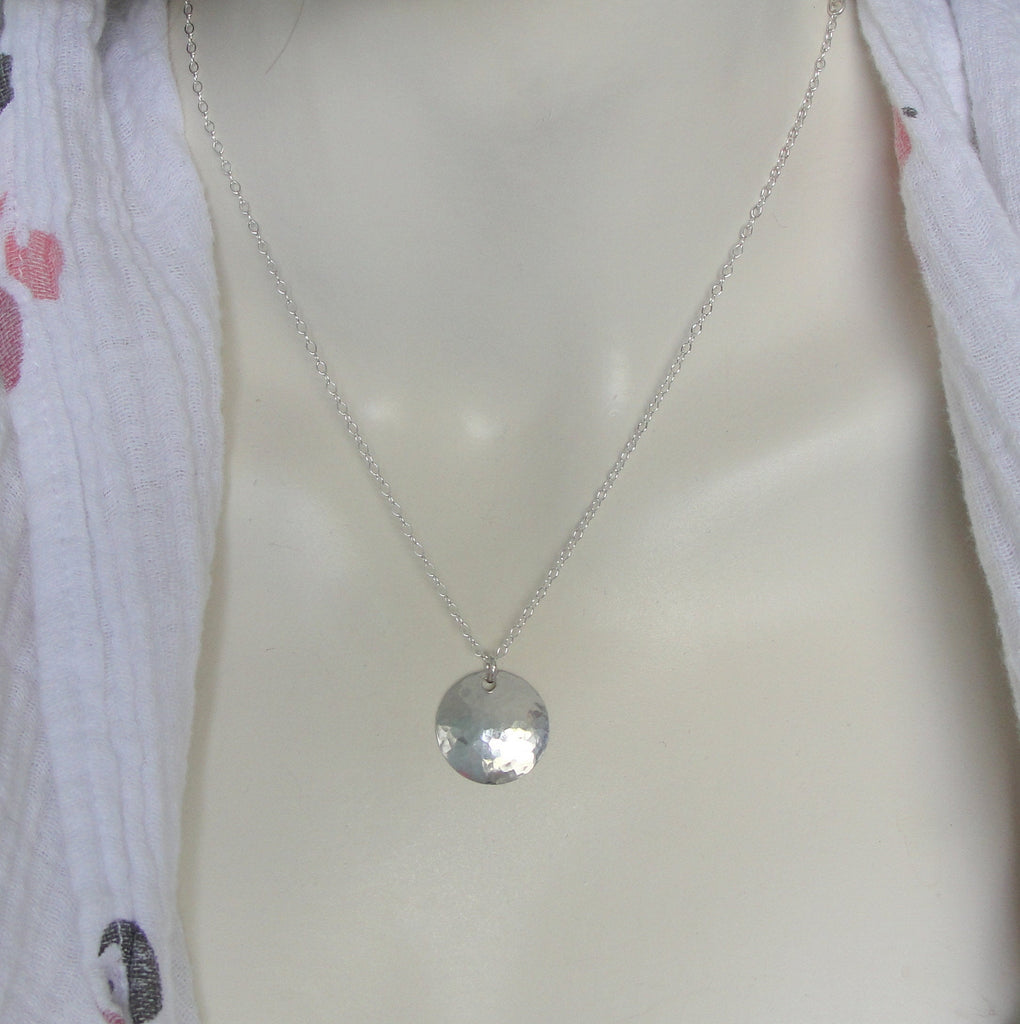 Small Sterling Silver Hammered 3/4 Inch Disc Necklace with Cable Chain on