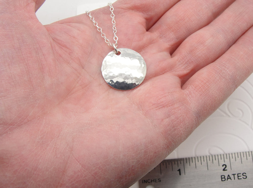 Small Sterling Silver Hammered 3/4 Inch Disc Necklace with Cable Chain hand