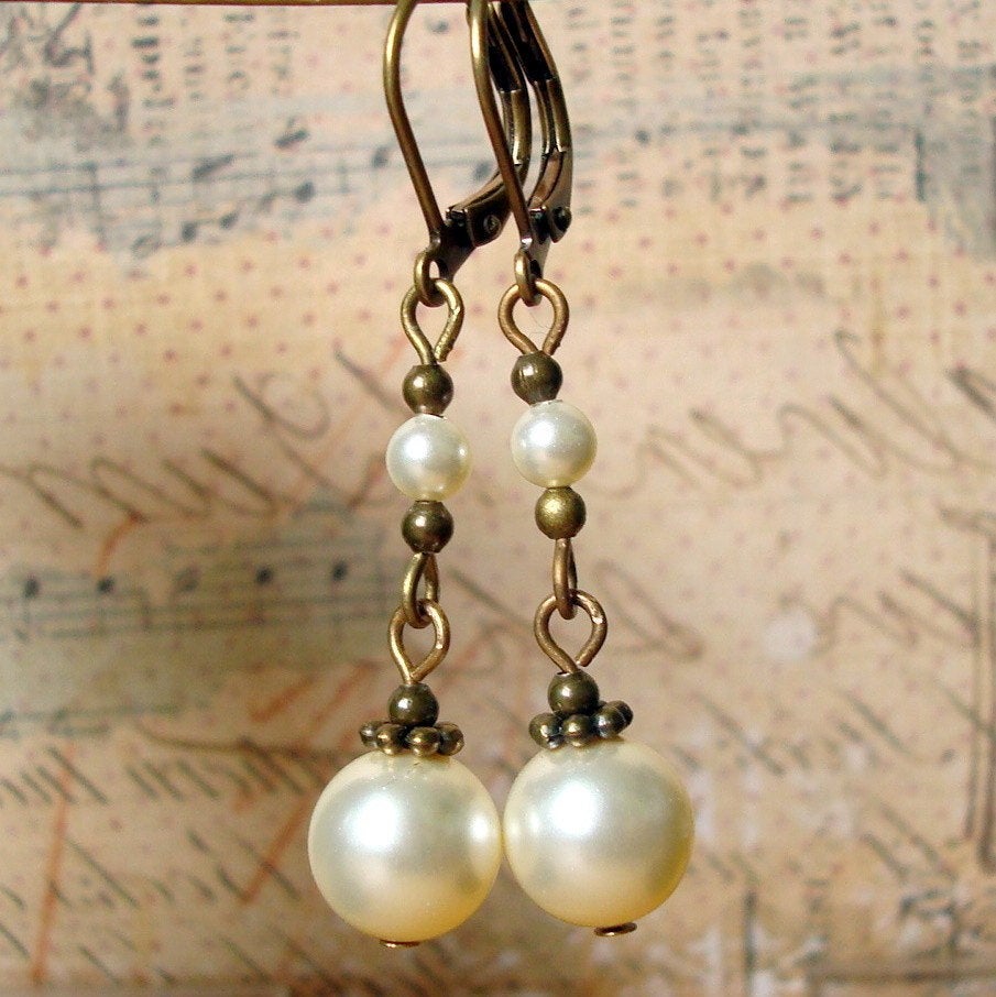 Neo Victorian Jewelry Style Handmade Earrings with Brass and Cream Swarovski Pearls
