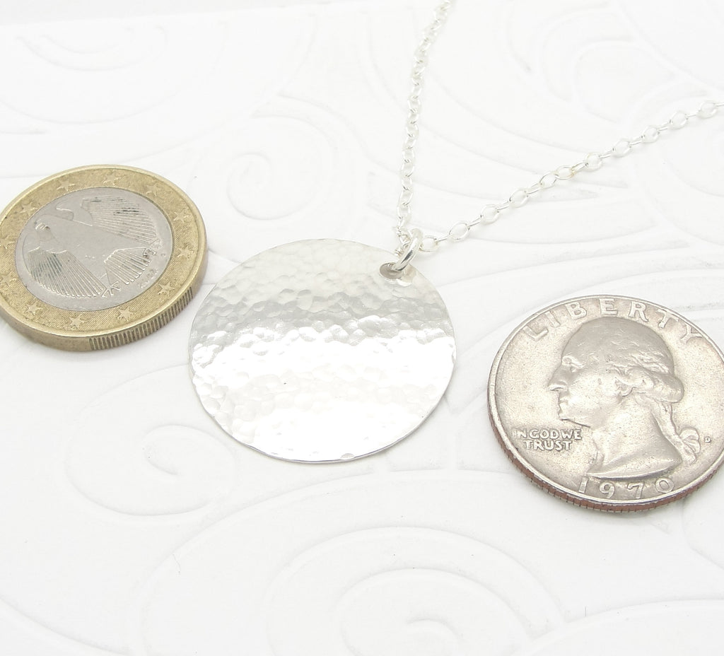 Medium Sterling Silver Hammered Disc Necklace with 1 Inch Disk and Cable Chain in Choice of Length in 925 coins