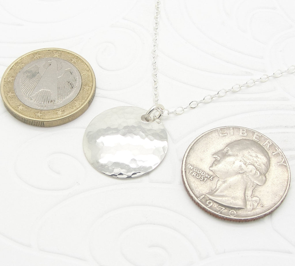 Small Sterling Silver Hammered 3/4 Inch Disc Necklace with Cable Chain coins