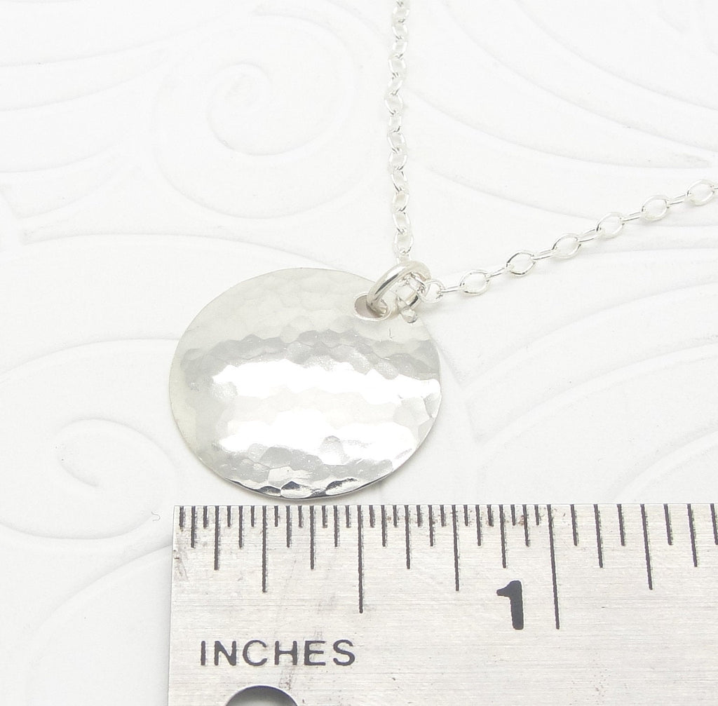 Small Sterling Silver Hammered 3/4 Inch Disc Necklace with Cable Chain ruler