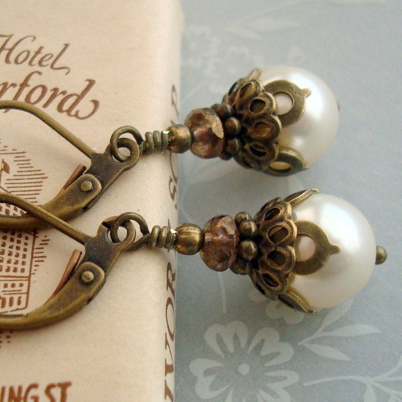 Neo Victorian Earrings with Cream Swarovski Pearl Dangle and Antiqued Brass by Cloud Cap Jewelry