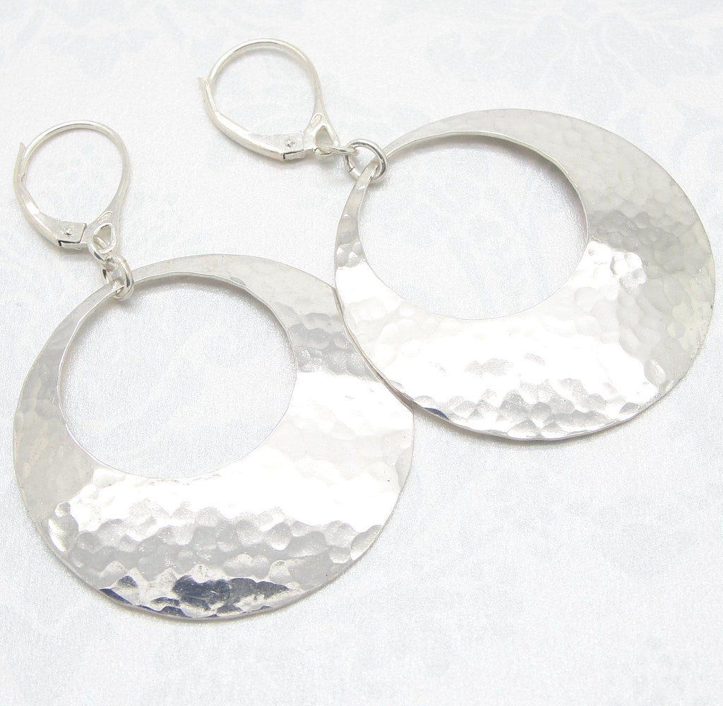 Medium Large Hammered Sterling Silver 1 and 1/4 Inch Earrings with Peephole in Solid 925 Discs leverback