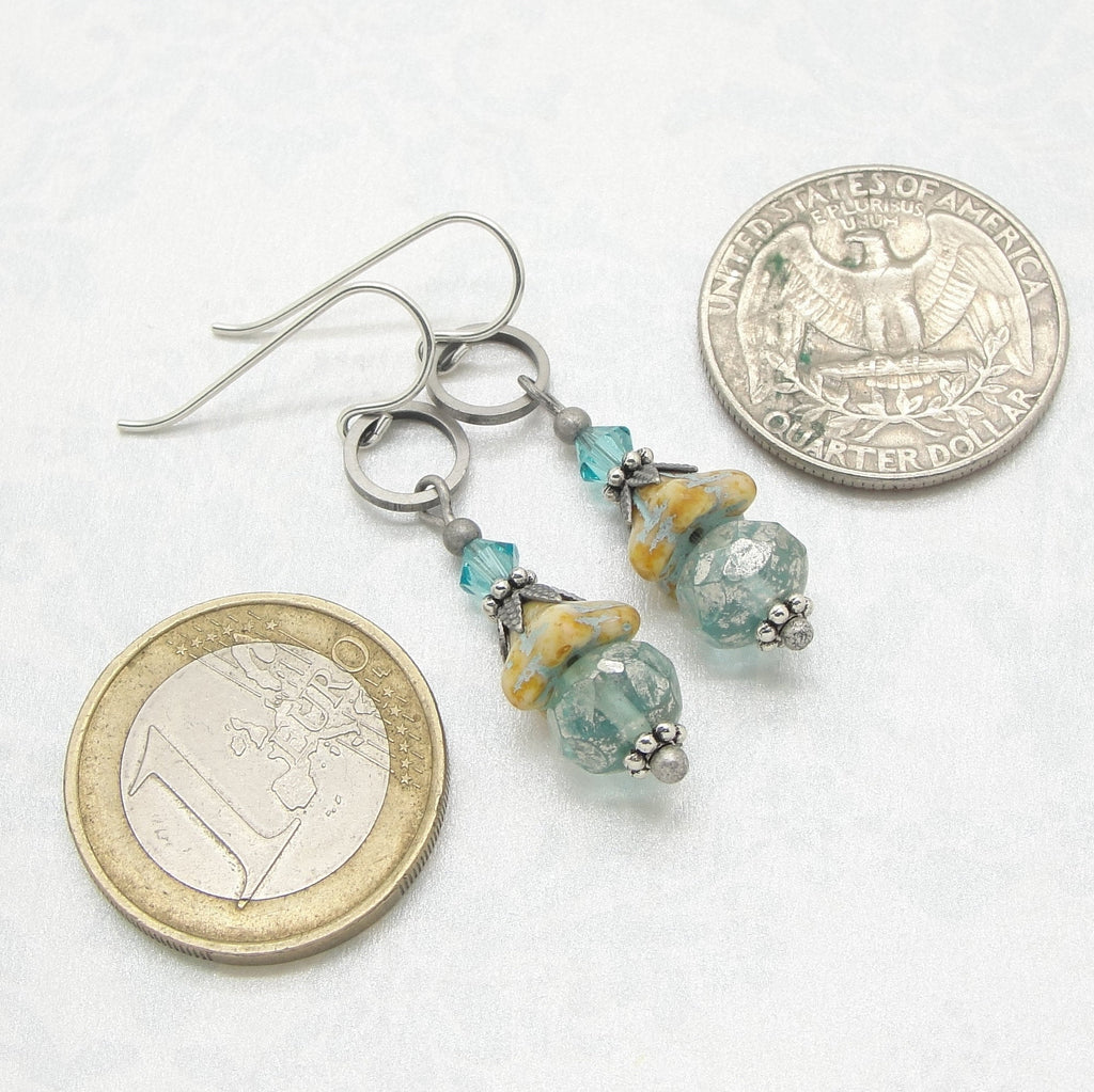 mustard aqua and silver plate boho earrings