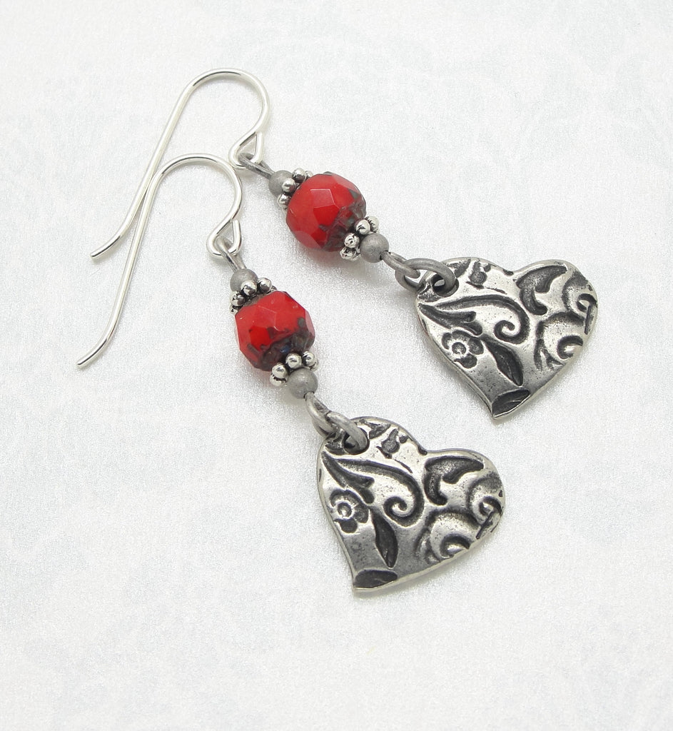 Boho Red Heart Earrings in Antique Silver Plate