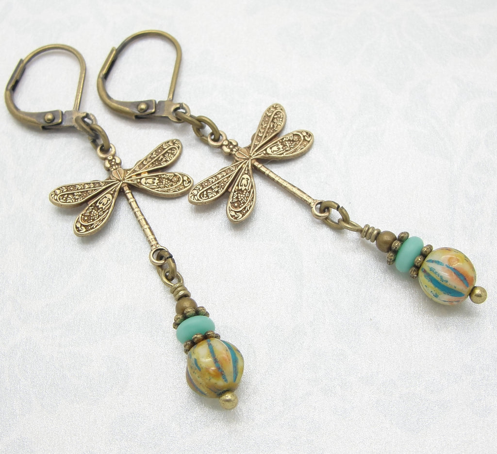 Turquoise Blue Dragonfly Earrings with Rustic and Earthy Glass Beads in Antiqued Brass leverbacks