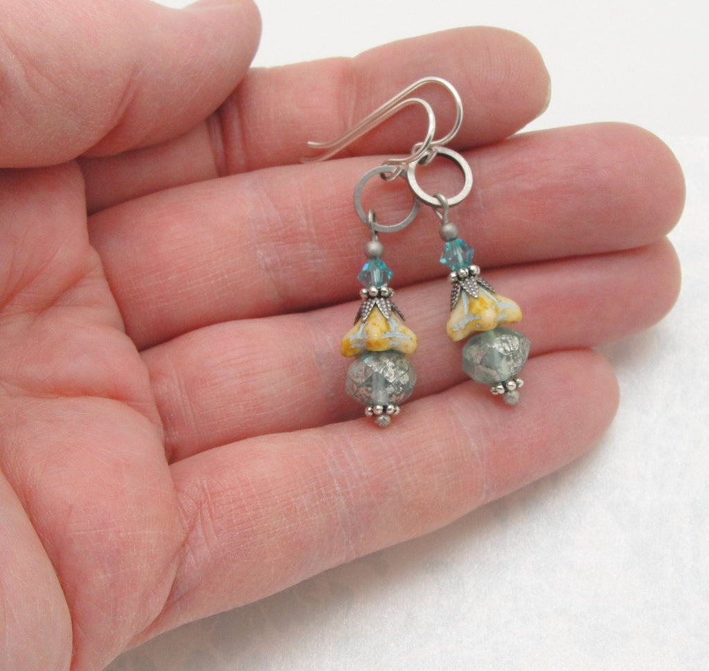 boho flower earrings in silver-tone and aqua and blue