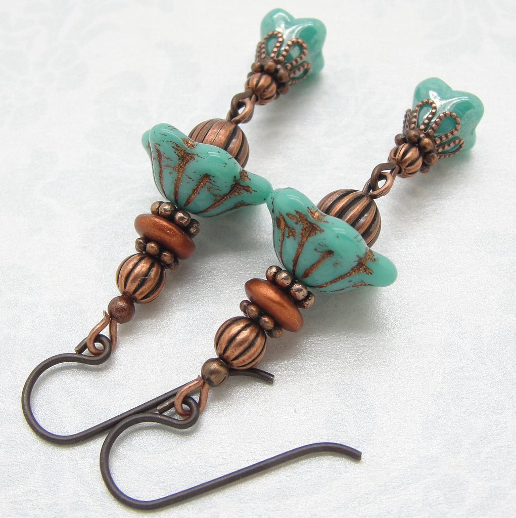 Copper Boho Earrings with Turquoise Glass Flowers