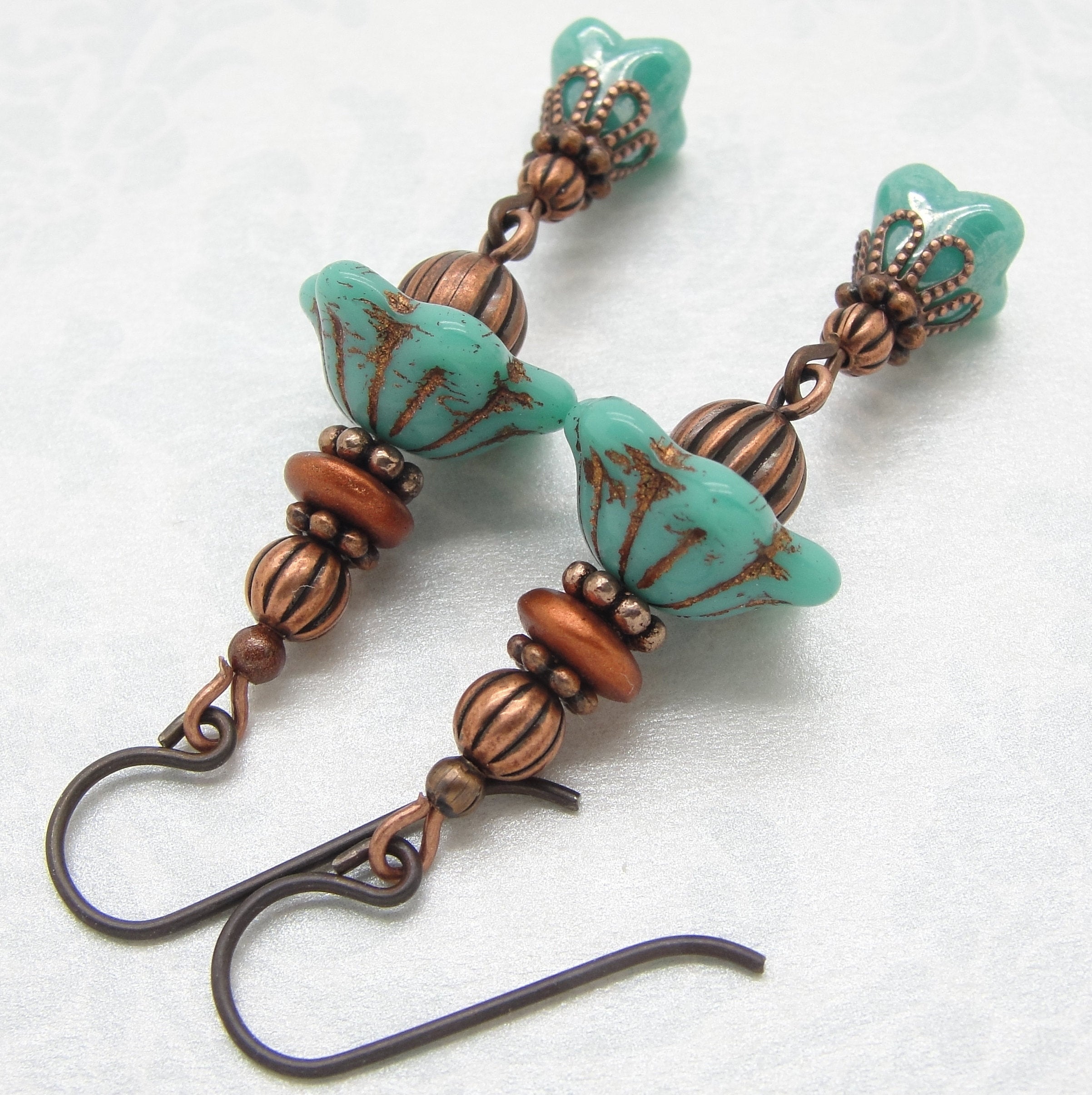 Copper Boho Earrings with Turquoise Glass Flowers and Niobium Earwires