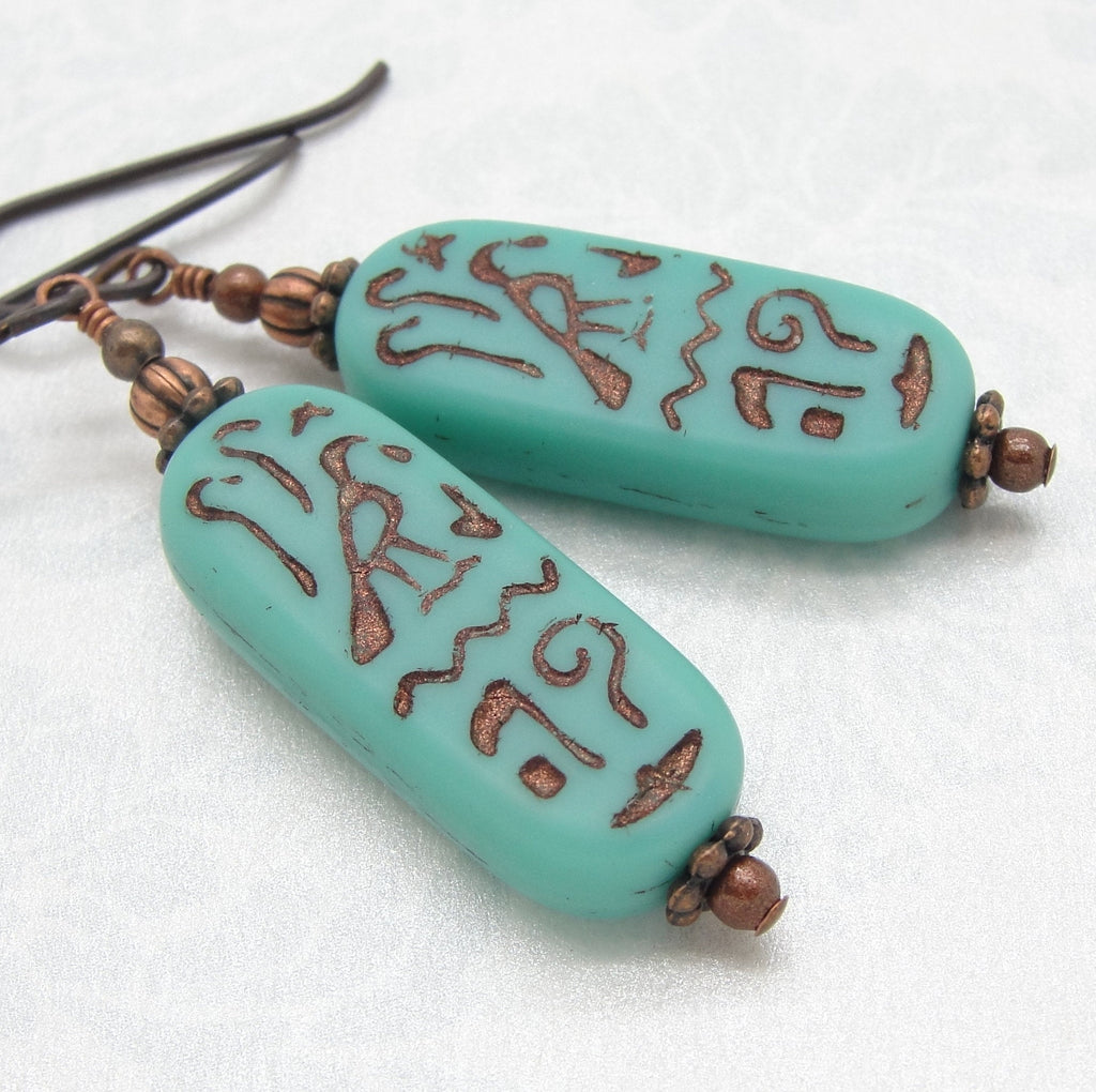 hieroglyphic bead copper earrings